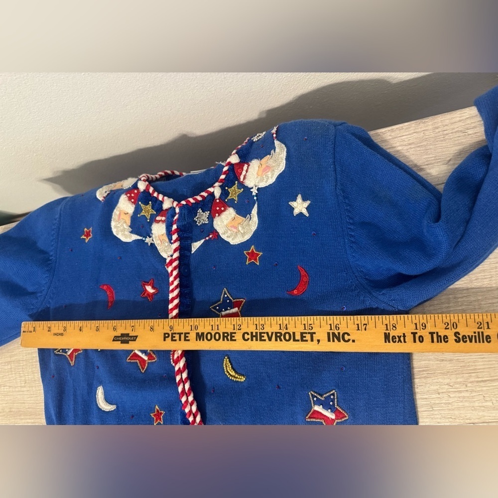Jack B. Quick Christmas Sweater Cardigan Santa Moon Beading Red White Blue Med P - Picture 6 of 9